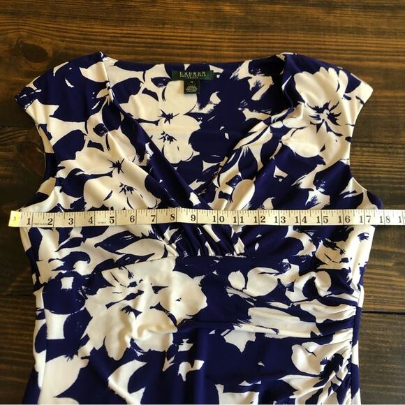 Ralph Lauren Dress Womens Sz 10 Floral Sheath Ruching Blue Slinky Stretch Wrap - Picture 5 of 11